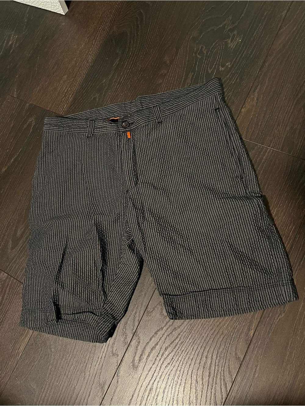 Men's Black Pinstripe Seersucker Cotton Flat-Front Shorts